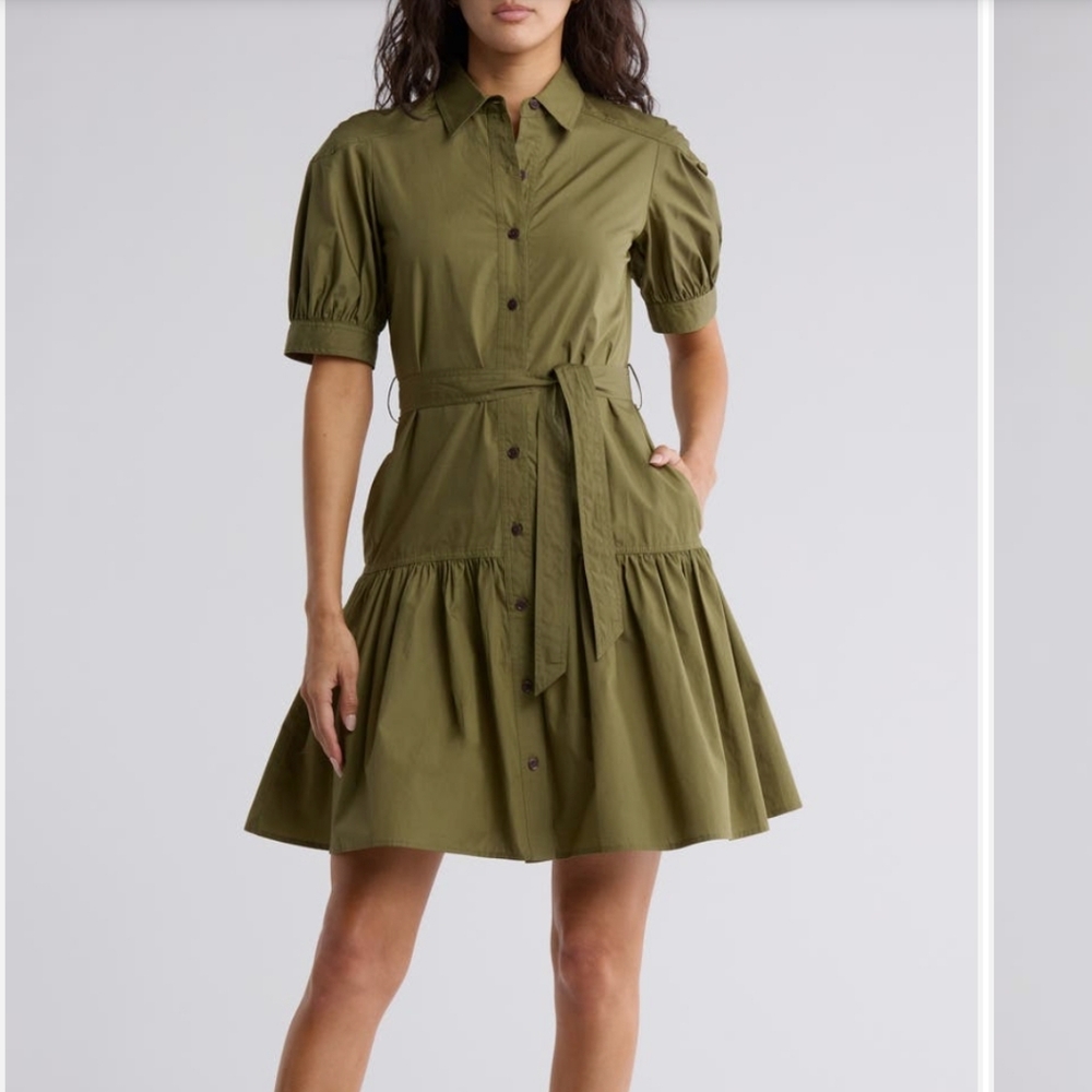 10 Crosby Derek Lam Olive Green Button-Front Mini Shirt Dress